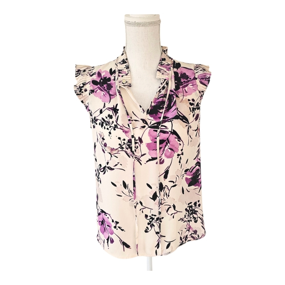 DKNY Purple Floral Ruffle Cap Sleeve Blouse Medium